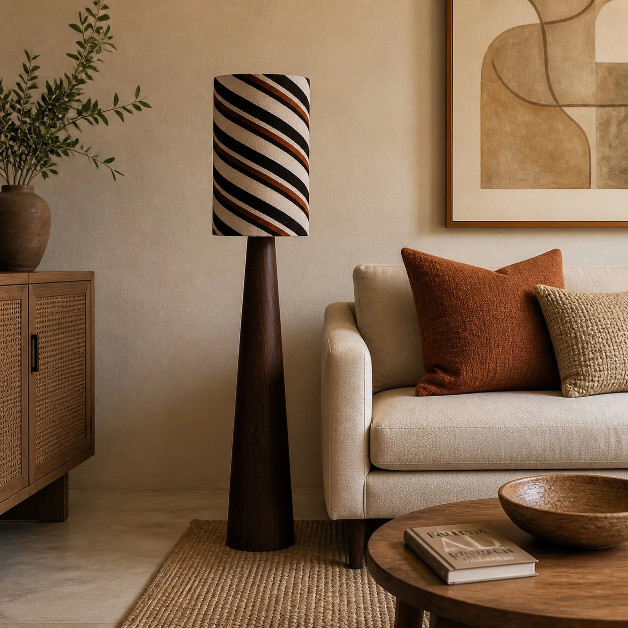 Striped fabric floor lamp lighting a sofa lounge area
