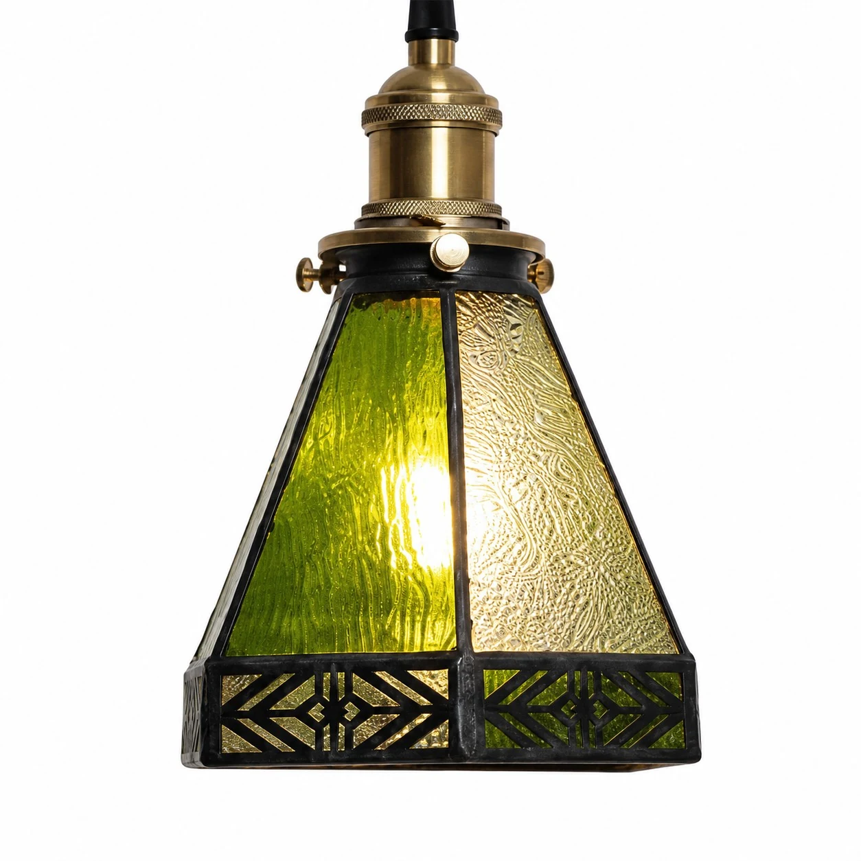 green amber stained glass pendant light detail or room scene