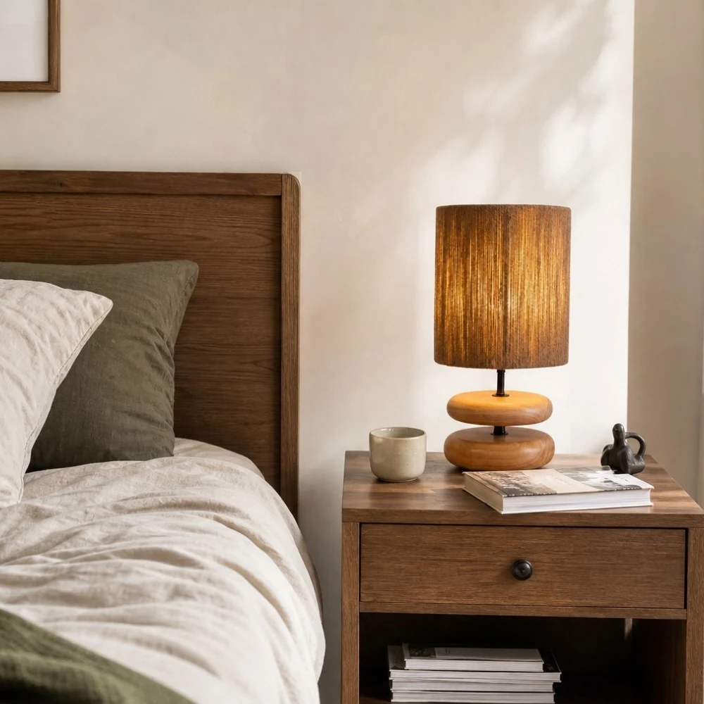 Wood table lamp with hemp rope shade on a bedside table