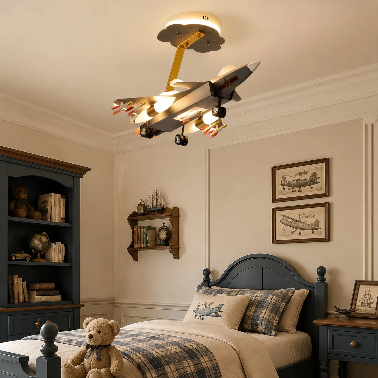 Airplane ceiling light in a warm children room scene