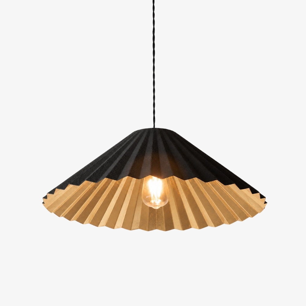 Black pleated metal dome pendant lamp with warm gold interior