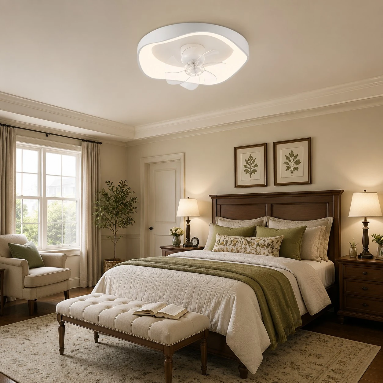 Ceiling fan light installed in a modern bedroom