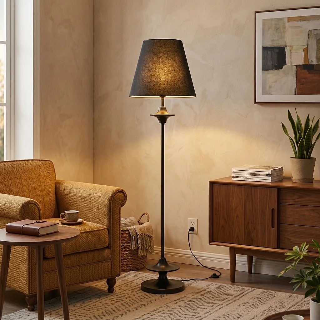 Black floor lamp in a reading corner
