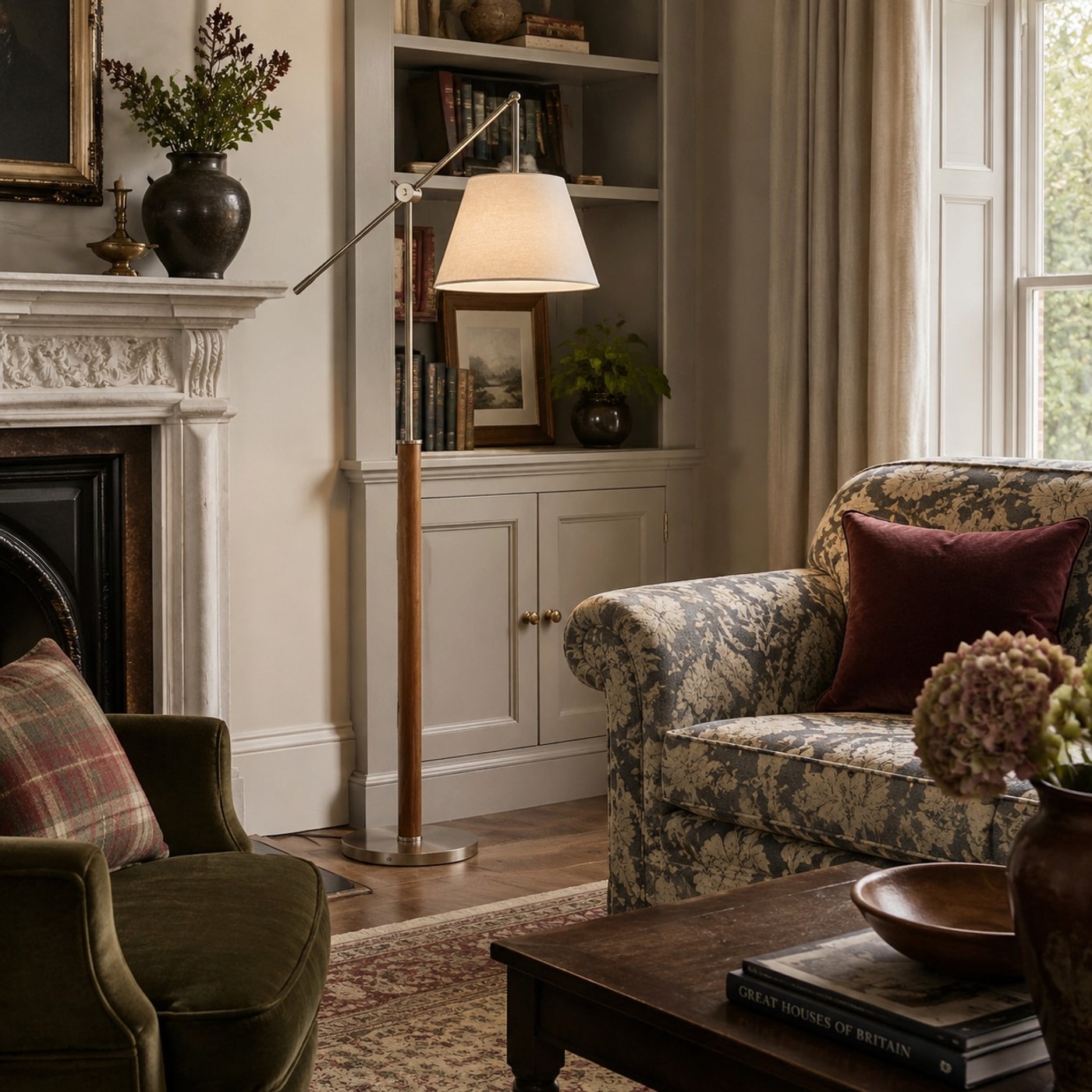 Swing arm fabric floor lamp near a fireplace seating area