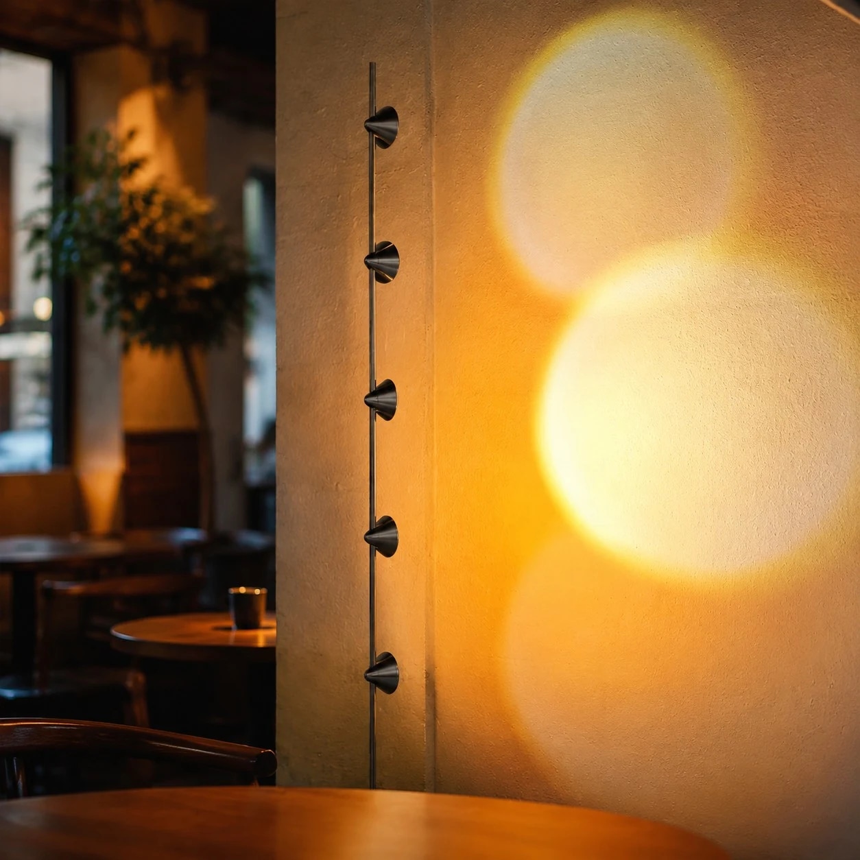 Five head projection floor lamp in a moody bar setting