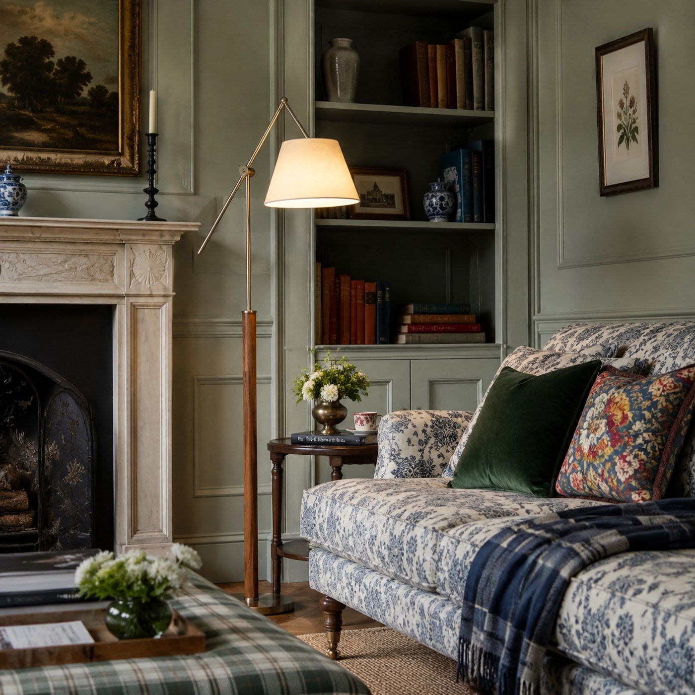 White fabric floor lamp beside a patterned sofa