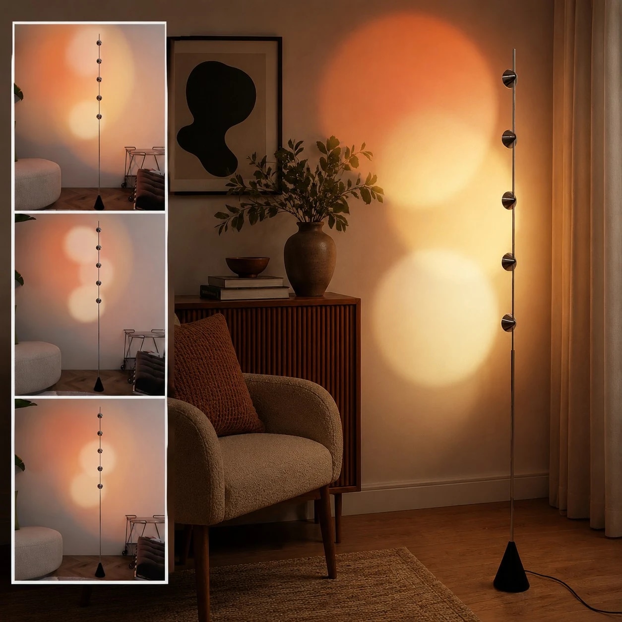 Floor lamp showing multiple warm projection moods