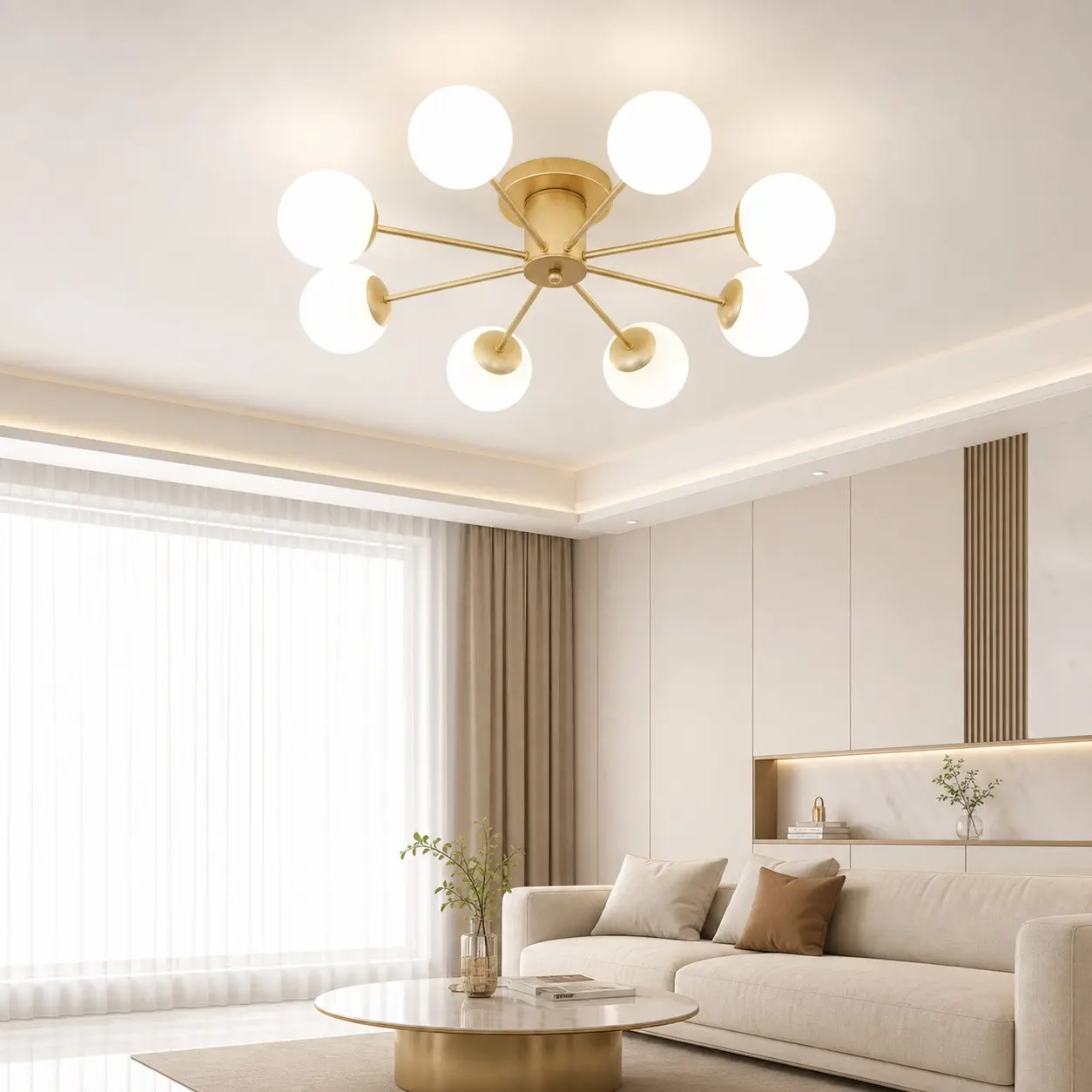 Eight-head gold globe ceiling light in a modern living room