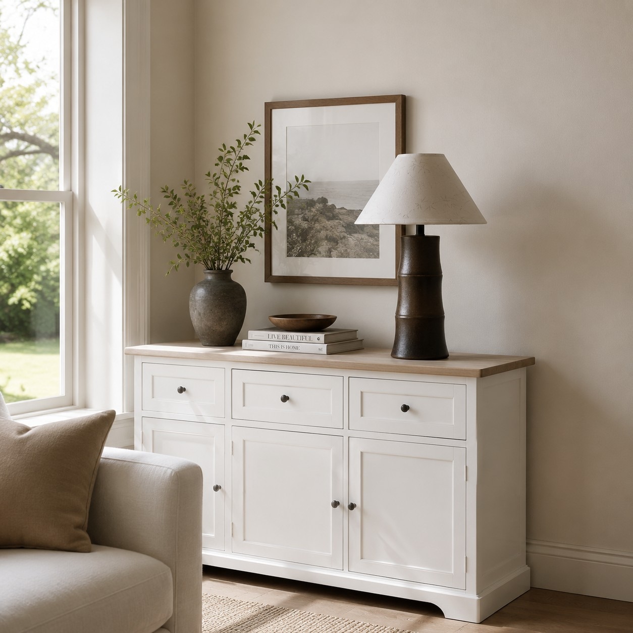 Bamboo-form ceramic table lamp styled on a cabinet near a window