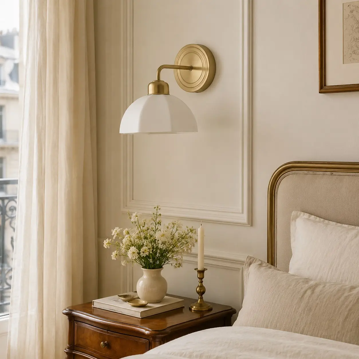 White milk glass wall lamp installed beside a bed