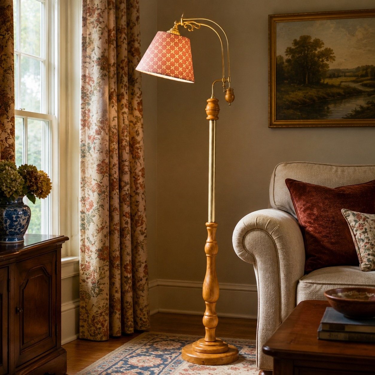 Aune red wood and fabric floor lamp in a living room