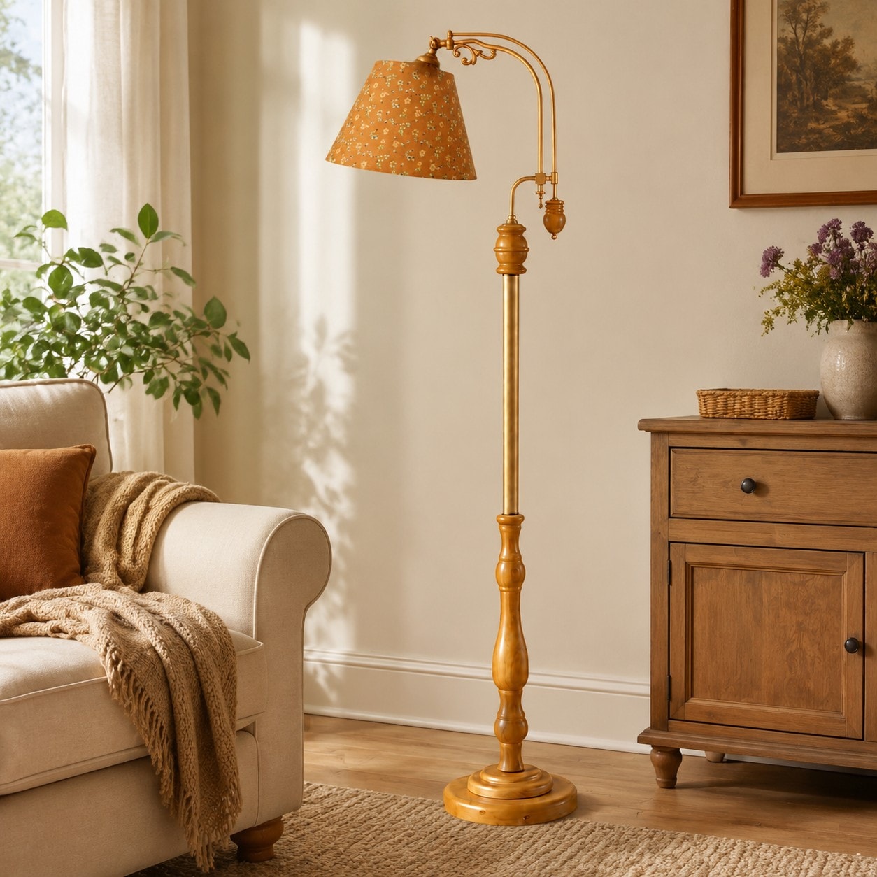 Autumn wood and fabric floor lamp near a cabinet